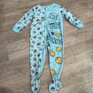 Kids Blue Sesame Street Cookie Monster "Me Want‎ Cookies" Footed Pajamas Size 3T